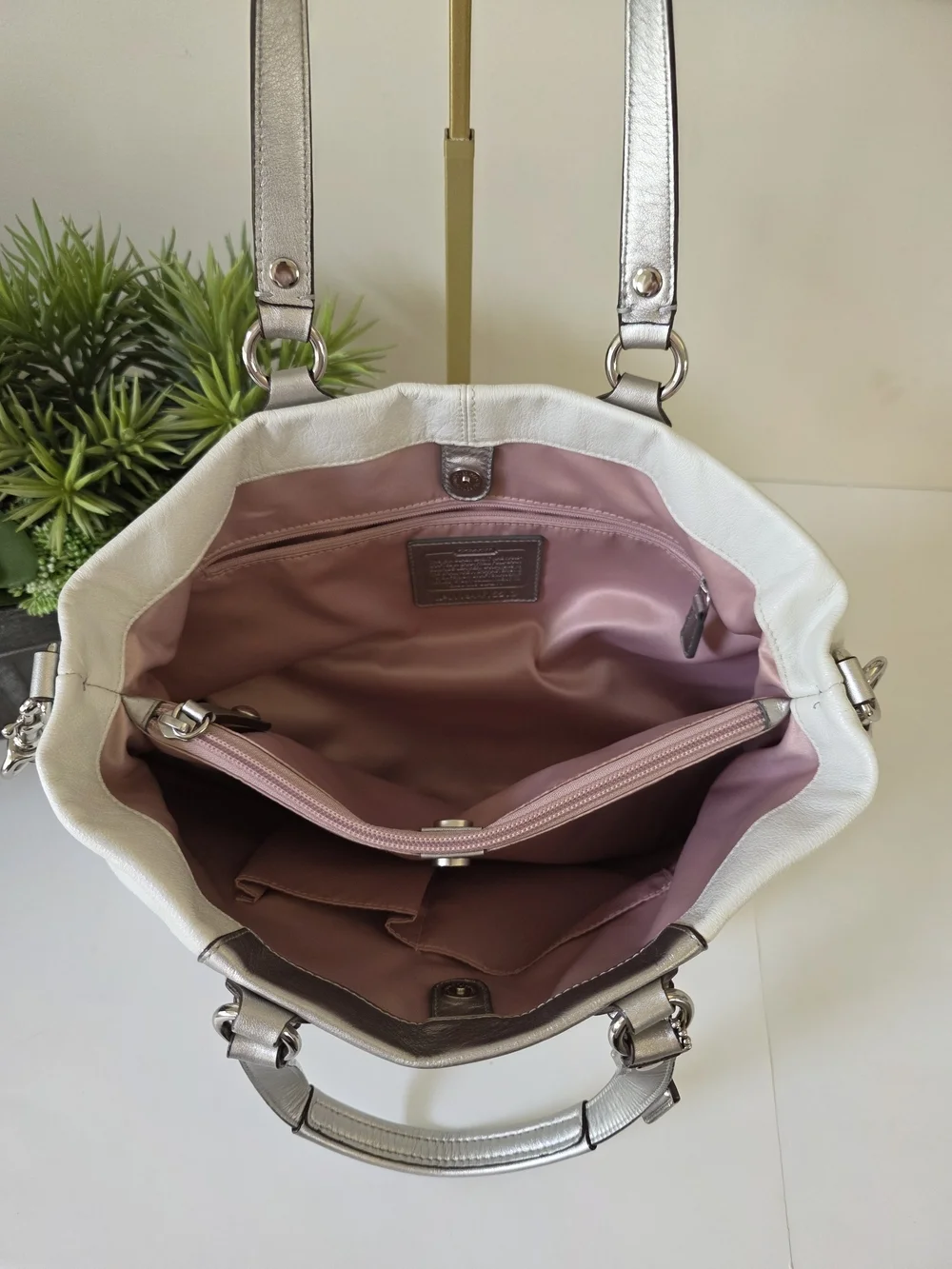 Coach White Leather Tote with Silver Accents